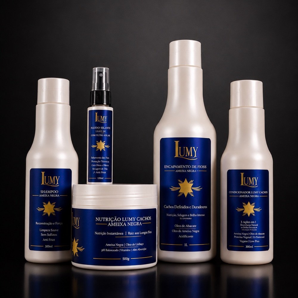 Os 5 produtos do Kit Lumy juntos: shampoo, condicionador, máscara de nutrição, encapamento 1L e fluido selante